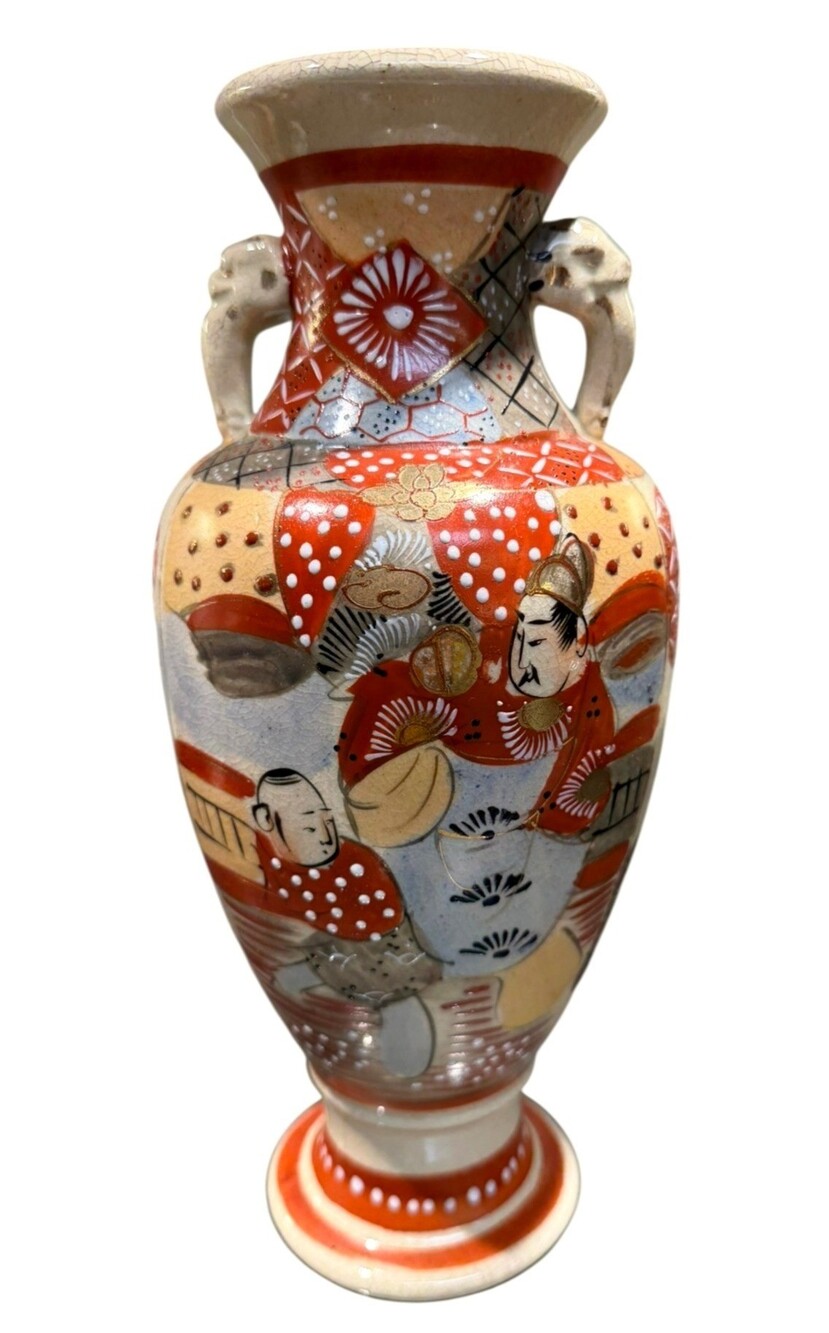 Antique Japanese Satsuma Moriage Figural Vase Elephant Handles 12"